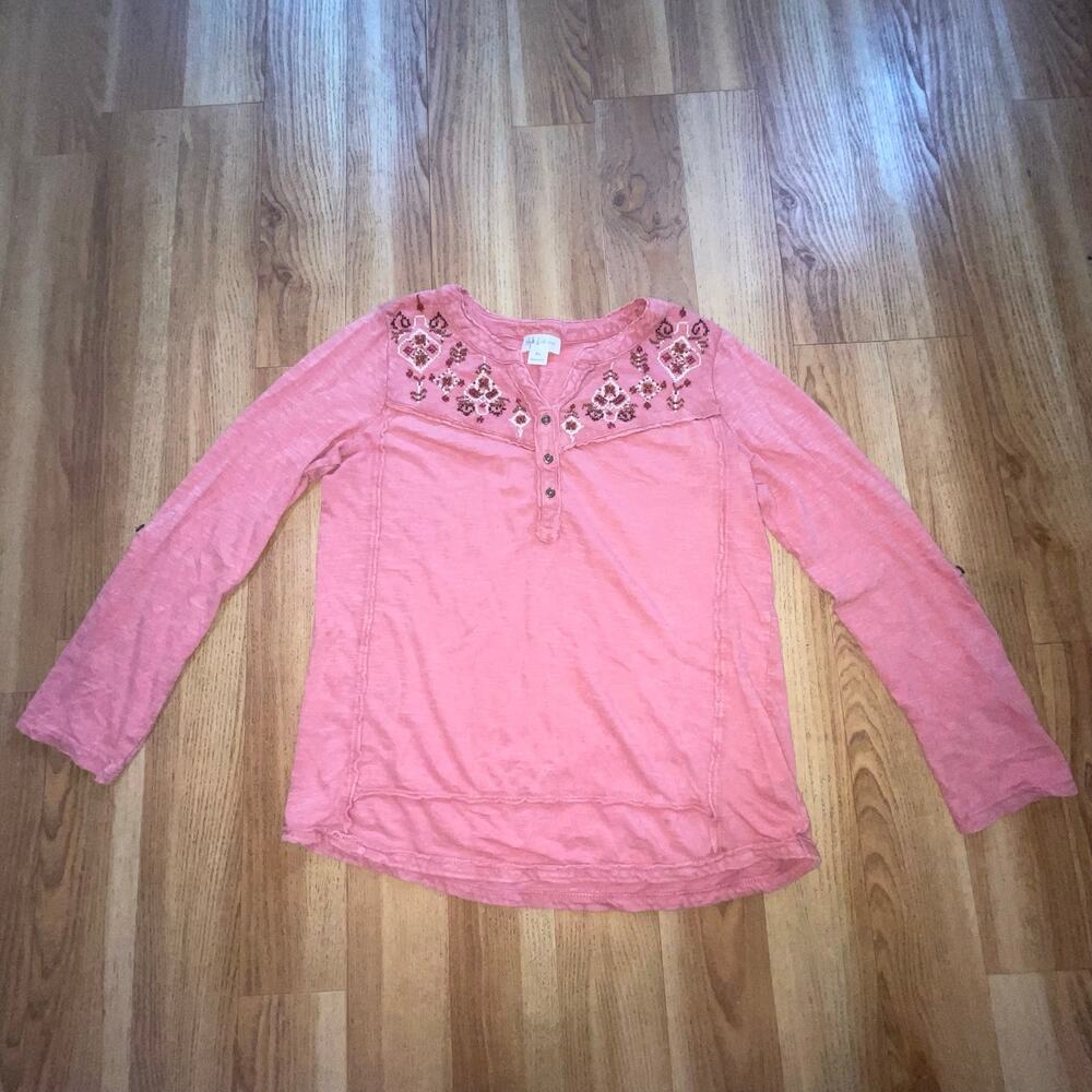 Pink Beaded Embroidered Boho Long Sleeve Shirt